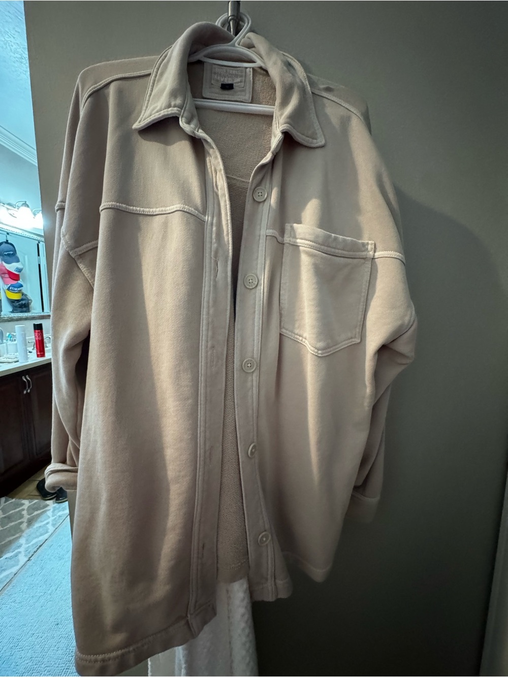 American Eagle Outfitters Oversized Button-Down Shirt Jacket in Beige
